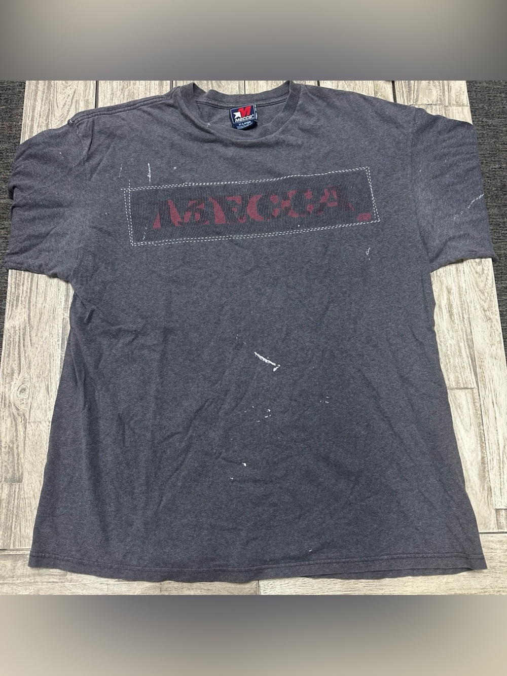 Vintage 90s Mecca Graphic Tshirt XL Grey Paint Splatter Skater Hiphop Made USA